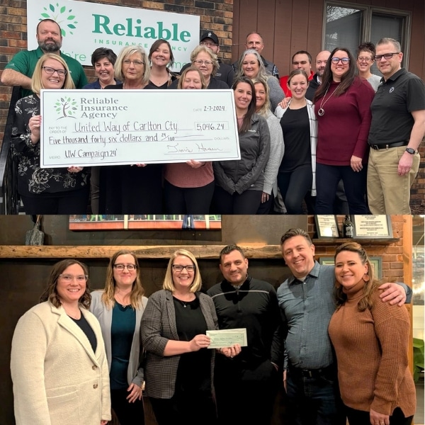 Two groups pose for photos. The top group from Reliable Insurance Agency holds a large check for ,046.24 made out to United Way of Carlton County. The bottom group stands indoors, smiling and holding an envelope for the camera.