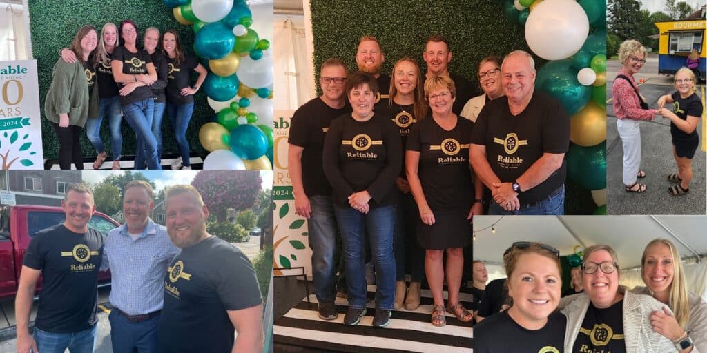 A collage of group photos showcases people smiling at a celebration, most wearing black “Reliable Insurance Agency” t-shirts. With balloons, a green backdrop, and some outdoor shots, everyone appears happy and friendly.
