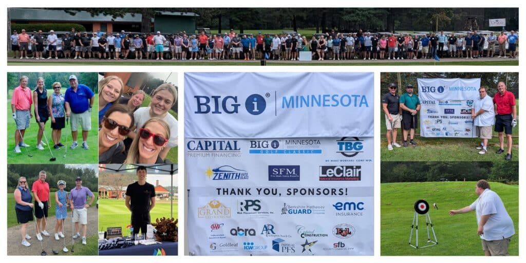 Collage of photos from a golf event, featuring Duluth Insurance Agency, large group shots, smaller groups posing, a banner listing sponsors for BIG I Minnesota, and participants engaged in various golf activities outdoors.