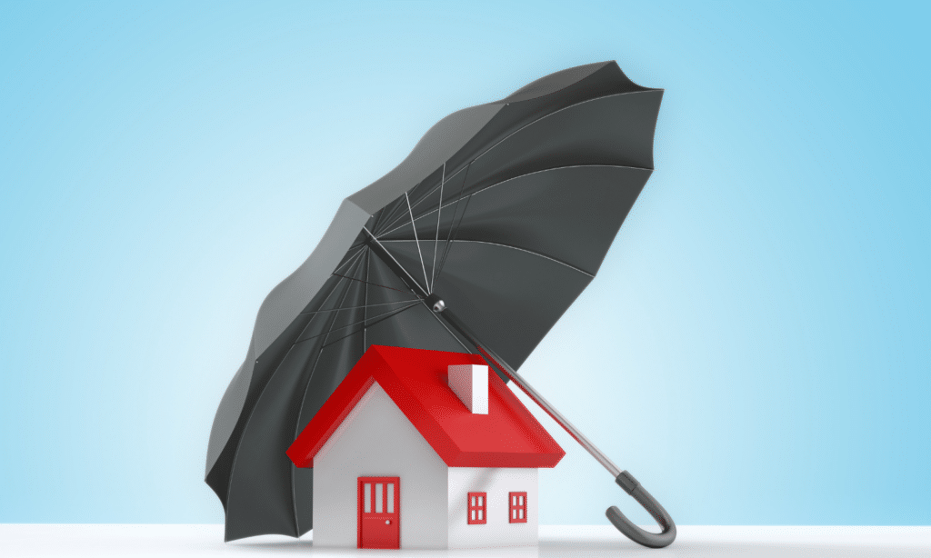 A small model house with a red roof sits under a large black umbrella, symbolizing protection or insurance, against a blue gradient background—Your Insurance Guide to safeguarding your home.