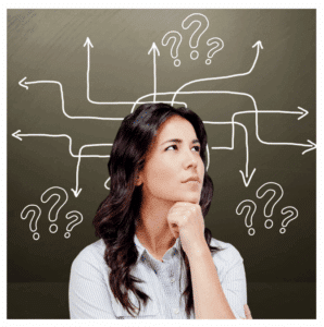A woman looks thoughtful with her hand on her chin. Behind her, white arrows and question marks are drawn, symbolizing confusion or indecision—perhaps she's wondering, "Does Car Insurance Cover Hail Damage?.