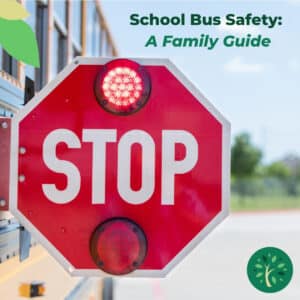 A school bus stop sign is extended with red lights flashing. The text reads, "Back-to-School Bus Safety: A Family Guide for Northland Kids & Parents" on the upper right. A tree logo appears in the bottom right corner.