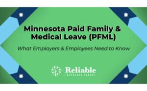 A green and blue graphic with text: "Minnesota Paid Family & Medical Leave (PFML) - What Employers & Employees Need to Know." Logo at bottom reads "Reliable Insurance Agency.
