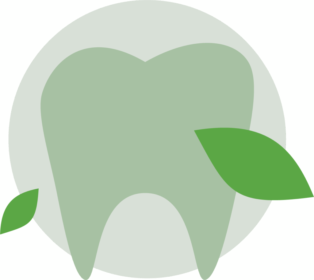 A simple green tooth icon with two green leaves, one small and one large, suggesting eco-friendly or natural dental care.