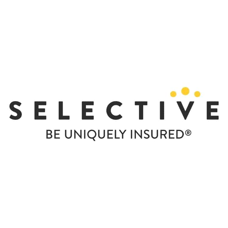 The image features the Selective Insurance logo with "SELECTIVE" in bold black letters. Four small yellow dots are above the "I". Below, the tagline "BE UNIQUELY INSURED®" appears, emphasizing Selective Insurance’s commitment to its clients.