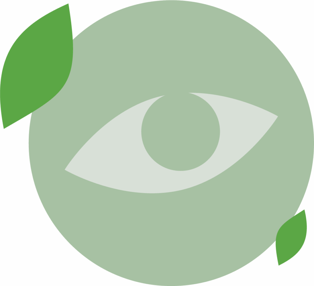 A stylized light green eye inside a green circle, with two green leaves positioned on the upper left and lower right edges of the circle.