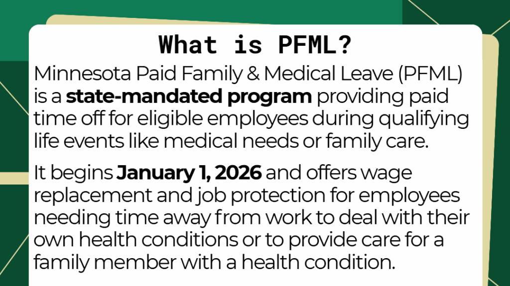 Informational graphic explaining Minnesota Paid Family & Medical Leave (PFML), a state-mandated program starting January 1, 2026, that provides paid leave for medical or family care reasons.