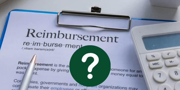 A clipboard holds a document titled "Reimbursement" beside a pen and calculator, with a green circle and white question mark—hinting at 8 smart ways to save on your auto insurance without sacrificing coverage.